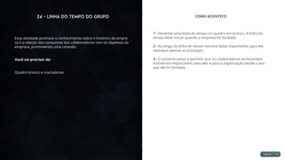 24 - Linha do Tempo do Grupo
Essa atividade promove o conhecimento sobre o histórico da empre-
sa e a relação das conquistas dos colaboradores com os objetivos da
empresa, promovendo uma conexão.
Você vai precisar de:
Quadro branco e marcadores.
COMO ACONTECE:
1 - Desenhe uma linha do tempo no quadro em branco. A linha do
tempo deve iniciar quando a empresa foi fundada.
2 - Ao longo da linha do tempo escreva datas importantes para ela,
destaque apenas as principais.
3 - O próximo passo é permitir que os colaboradores acrescentem
momentos importantes para eles e para a organização desde o ano
que ela foi fundada.
 