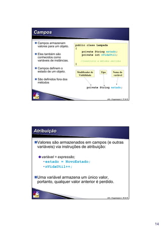 14
UFS – Programação II / 27 de 53
CamposCampos
 Campos armazenam
valores para um objeto.
 Eles também são
conhecidos como
variáveis de instâncias.
 Campos definem o
estado de um objeto.
 São definidos fora dos
métodos
public class Lampada
{
private String estado;
private int nVidaUtil;
//construtor e métodos omitidos
}
private String estado;;
Nome da
variável
Modificador de
Visibilidade
Tipo
UFS – Programação II / 28 de 53
AtribuiçãoAtribuição
Valores são armazenados em campos (e outras
variáveis) via instruções de atribuição:
variável = expressão;
•estado = NovoEstado;
•nVidaUtil++;
Uma variável armazena um único valor,
portanto, qualquer valor anterior é perdido.
 