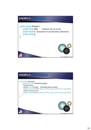 24
UFS – Programação II / 47 de 53
EXEMPLO – Circulo.javaEXEMPLO – Circulo.java
public class Circulo {
public float raio; //atributo raio do círculo
public float x; //posições em coordenadas cartesianas
public float y;
}
UFS – Programação II / 48 de 53
EXEMPLO – Principal.javaEXEMPLO – Principal.java
public class Principal {
public static void main(String args[]) {
Circulo umcirc;
umcirc= new Circulo(); //alocação dessa variável
System.out.println( "("+ umcirc.x +","+ umcirc.y +","+ umcirc.raio +") ");
umcirc.x=umcirc.x+17;
System.out.println( "("+ umcirc.x +","+ umcirc.y +","+ umcirc.raio +") ");
}
}
public class Principal {
public static void main(String args[]) {
Circulo umcirc;
umcirc= new Circulo(); //alocação dessa variável
System.out.println( "("+ umcirc.x +","+ umcirc.y +","+ umcirc.raio +") ");
umcirc.x=umcirc.x+17;
System.out.println( "("+ umcirc.x +","+ umcirc.y +","+ umcirc.raio +") ");
}
}
 