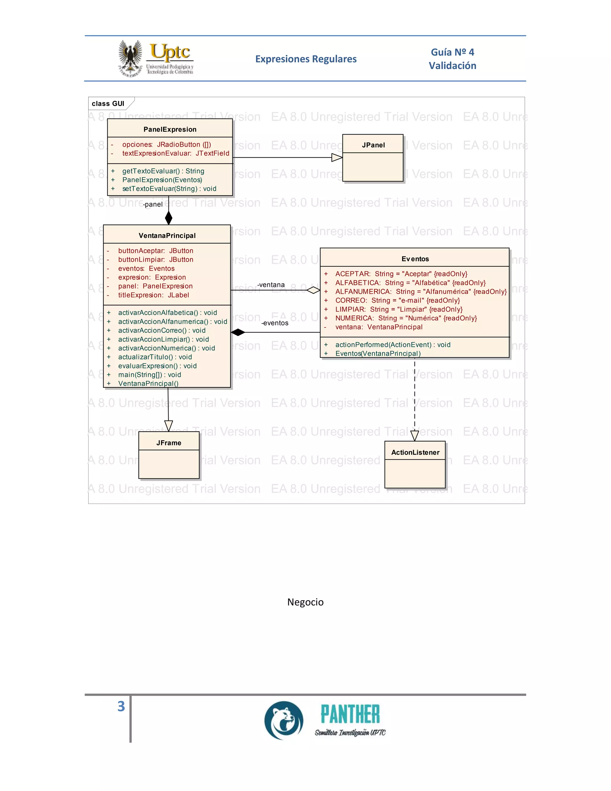Expresiones Regulares
Guía Nº 4
Validación
3
Negocio
class GUI
EA 8.0 Unregistered Trial Version EA 8.0 Unregistered Trial Version EA 8.0 Unregistered Trial V
EA 8.0 Unregistered Trial Version EA 8.0 Unregistered Trial Version EA 8.0 Unregistered Trial V
EA 8.0 Unregistered Trial Version EA 8.0 Unregistered Trial Version EA 8.0 Unregistered Trial V
EA 8.0 Unregistered Trial Version EA 8.0 Unregistered Trial Version EA 8.0 Unregistered Trial V
EA 8.0 Unregistered Trial Version EA 8.0 Unregistered Trial Version EA 8.0 Unregistered Trial V
EA 8.0 Unregistered Trial Version EA 8.0 Unregistered Trial Version EA 8.0 Unregistered Trial V
EA 8.0 Unregistered Trial Version EA 8.0 Unregistered Trial Version EA 8.0 Unregistered Trial V
EA 8.0 Unregistered Trial Version EA 8.0 Unregistered Trial Version EA 8.0 Unregistered Trial V
EA 8.0 Unregistered Trial Version EA 8.0 Unregistered Trial Version EA 8.0 Unregistered Trial V
EA 8.0 Unregistered Trial Version EA 8.0 Unregistered Trial Version EA 8.0 Unregistered Trial V
EA 8.0 Unregistered Trial Version EA 8.0 Unregistered Trial Version EA 8.0 Unregistered Trial V
EA 8.0 Unregistered Trial Version EA 8.0 Unregistered Trial Version EA 8.0 Unregistered Trial V
EA 8.0 Unregistered Trial Version EA 8.0 Unregistered Trial Version EA 8.0 Unregistered Trial V
EA 8.0 Unregistered Trial Version EA 8.0 Unregistered Trial Version EA 8.0 Unregistered Trial V
EA 8.0 Unregistered Trial Version EA 8.0 Unregistered Trial Version EA 8.0 Unregistered Trial V
EA 8.0 Unregistered Trial Version EA 8.0 Unregistered Trial Version EA 8.0 Unregistered Trial V
EA 8.0 Unregistered Trial Version EA 8.0 Unregistered Trial Version EA 8.0 Unregistered Trial V
EA 8.0 Unregistered Trial Version EA 8.0 Unregistered Trial Version EA 8.0 Unregistered Trial V
EA 8.0 Unregistered Trial Version EA 8.0 Unregistered Trial Version EA 8.0 Unregistered Trial V
EA 8.0 Unregistered Trial Version EA 8.0 Unregistered Trial Version EA 8.0 Unregistered Trial V
EA 8.0 Unregistered Trial Version EA 8.0 Unregistered Trial Version EA 8.0 Unregistered Trial V
EA 8.0 Unregistered Trial Version EA 8.0 Unregistered Trial Version EA 8.0 Unregistered Trial V
EA 8.0 Unregistered Trial Version EA 8.0 Unregistered Trial Version EA 8.0 Unregistered Trial V
EA 8.0 Unregistered Trial Version EA 8.0 Unregistered Trial Version EA 8.0 Unregistered Trial V
Eventos
+ ACEPTAR: String = "Aceptar" {readOnly}
+ ALFABETICA: String = "Alfabética" {readOnly}
+ ALFANUMERICA: String = "Alfanumérica" {readOnly}
+ CORREO: String = "e-mail" {readOnly}
+ LIMPIAR: String = "Limpiar" {readOnly}
+ NUMERICA: String = "Numérica" {readOnly}
- ventana: VentanaPrincipal
+ actionPerformed(ActionEvent) : void
+ Eventos(VentanaPrincipal)
PanelExpresion
- opciones: JRadioButton ([])
- textExpresionEvaluar: JTextField
+ getTextoEvaluar() : String
+ PanelExpresion(Eventos)
+ setTextoEvaluar(String) : void
VentanaPrincipal
- buttonAceptar: JButton
- buttonLimpiar: JButton
- eventos: Eventos
- expresion: Expresion
- panel: PanelExpresion
- titleExpresion: JLabel
+ activarAccionAlfabetica() : void
+ activarAccionAlfanumerica() : void
+ activarAccionCorreo() : void
+ activarAccionLimpiar() : void
+ activarAccionNumerica() : void
+ actualizarTitulo() : void
+ evaluarExpresion() : void
+ main(String[]) : void
+ VentanaPrincipal()
JPanel
JFrame
ActionListener
-ventana
-panel
-eventos
 