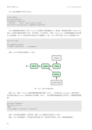 第5章 分布式 Git                                                              Scott Chacon Pro Git


     John 也尝试推送自己的工作上去：


# John's Machine
$ git push origin master
To john@githost:simplegit.git
! [rejected]         master -> master (non-fast forward)
error: failed to push some refs to 'john@githost:simplegit.git'



     John 的推送操作被驳回，因为 Jessica 已经推送了新的数据上去。请注意，特别是你用惯了 Subversion
的话，这里其实修改的是两个文件，而不是同一个文件的同一个地方。Subversion 会在服务器端自动合并提
交上来的更新，而 Git 则必须先在本地合并后才能推送。于是，John 不得不先把 Jessica 的更新拉下来：


$ git fetch origin
...
From john@githost:simplegit
+ 049d078...fbff5bc master      -> origin/master



     此刻，John 的本地仓库如图 5.4 所示：




                                            图 5.4: John 的仓库历史

     虽然 John 下载了 Jessica 推送到服务器的最近更新（fbff5），但目前只是                 origin/master   指针指向它，
而当前的本地分支             master   仍然指向自己的更新（738ee），所以需要先把她的提交合并过来，才能继续推送数
据：


$ git merge origin/master
Merge made by recursive.
TODO |     1 +
1 files changed, 1 insertions(+), 0 deletions(-)



     还好，合并过程非常顺利，没有冲突，现在 John 的提交历史如图 5.5 所示：
     现在，John 应该再测试一下代码是否仍然正常工作，然后将合并结果（72bbc）推送到服务器上：



92
 