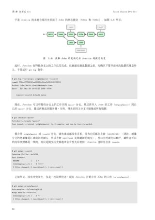 第5章 分布式 Git                                                                         Scott Chacon Pro Git


     于是 Jessica 的本地仓库历史多出了 John 的两次提交（738ee 和 72bbc），如图 5.8 所示：




                                 图 5.8: 获取 John 的更新之后 Jessica 的提交历史

     此时，Jessica 在特性分支上的工作已经完成，但她想在推送数据之前，先确认下要并进来的数据究竟是什
么，于是运行            git log    查看：


$ git log --no-merges origin/master ^issue54
commit 738ee872852dfaa9d6634e0dea7a324040193016
Author: John Smith <jsmith@example.com>
Date:    Fri May 29 16:01:27 2009 -0700


     removed invalid default value



     现在，Jessica 可以将特性分支上的工作并到                         master   分支，然后再并入 John 的工作（origin/master）到自
己的      master   分支，最后再推送回服务器。当然，得先切回主分支才能集成所有数据：


$ git checkout master
Switched to branch "master"
Your branch is behind 'origin/master' by 2 commits, and can be fast-forwarded.



     要合并     origin/master   或   issue54   分支，谁先谁后都没有关系，因为它们都在上游（upstream）（译注：想像
分叉的更新像是汇流成河的源头，所以上游 upstream 是指最新的提交），所以无所谓先后顺序，最终合并后
的内容快照都是一样的，而仅是提交历史看起来会有些先后差别。Jessica 选择先合并                                         issue54：



$ git merge issue54
Updating fbff5bc..4af4298
Fast forward
README             |    1 +
lib/simplegit.rb |      6 +++++-
2 files changed, 6 insertions(+), 1 deletions(-)



     正如所见，没有冲突发生，仅是一次简单快进。现在 Jessica 开始合并 John 的工作（origin/master）：


$ git merge origin/master
Auto-merging lib/simplegit.rb
Merge made by recursive.
lib/simplegit.rb |      2 +-
1 files changed, 1 insertions(+), 1 deletions(-)



94
 