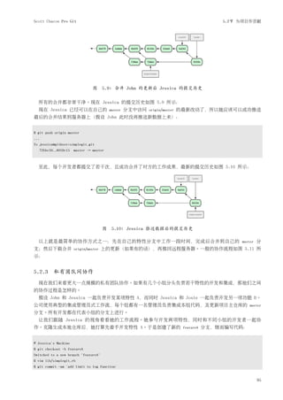 Scott Chacon Pro Git                                                                       5.2节 为项目作贡献




                                 图 5.9: 合并 John 的更新后 Jessica 的提交历史

  所有的合并都非常干净。现在 Jessica 的提交历史如图 5.9 所示：
  现在 Jessica 已经可以在自己的                     master   分支中访问   origin/master   的最新改动了，所以她应该可以成功推送
最后的合并结果到服务器上（假设 John 此时没再推送新数据上来）：


$ git push origin master
...
To jessica@githost:simplegit.git
      72bbc59..8059c15 master -> master



  至此，每个开发者都提交了若干次，且成功合并了对方的工作成果，最新的提交历史如图 5.10 所示：




                                       图 5.10: Jessica 推送数据后的提交历史

  以上就是最简单的协作方式之一：先在自己的特性分支中工作一段时间，完成后合并到自己的                                                     master   分
支；然后下载合并               origin/master   上的更新（如果有的话），再推回远程服务器。一般的协作流程如图 5.11 所
示：


5.2.3 私有团队间协作
  现在我们来看更大一点规模的私有团队协作。如果有几个小组分头负责若干特性的开发和集成，那他们之间
的协作过程是怎样的。
  假设 John 和 Jessica 一起负责开发某项特性 A，而同时 Jessica 和 Josie 一起负责开发另一项功能 B。
公司使用典型的集成管理员式工作流，每个组都有一名管理员负责集成本组代码，及更新项目主仓库的                                                       master
分支。所有开发都在代表小组的分支上进行。
  让我们跟随 Jessica 的视角看看她的工作流程。她参与开发两项特性，同时和不同小组的开发者一起协
作。克隆生成本地仓库后，她打算先着手开发特性 A。于是创建了新的                                            featureA   分支，继而编写代码：


# Jessica's Machine
$ git checkout -b featureA
Switched to a new branch "featureA"
$ vim lib/simplegit.rb
$ git commit -am 'add limit to log function'


                                                                                                         95
 