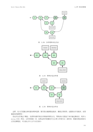 Scott Chacon Pro Git                          5.3节 项目的管理




                       图 5.20: 合并特性分支之后




                        图 5.21: 特性分支合并前




                        图 5.22: 特性分支合并后


  这样，在人们克隆仓库时就有两种选择：既可检出最新稳定版本，确保正常使用；也能检出开发版本，试用
最前沿的新特性。
  你也可以扩展这个概念，先将所有新代码合并到临时特性分支，等到该分支稳定下来并通过测试后，再并入
develop   分支。然后，让时间检验一切，如果这些代码确实可以正常工作相当长一段时间，那就有理由相信它
已经足够稳定，可以放心并入主干分支发布。

                                                      111
 