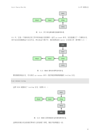 Scott Chacon Pro Git                                                   3.1节 何谓分支




                          图 3.4: 多个分支指向提交数据的历史


Git 中，它是一个指向你正在工作中的本地分支的指针。运行                    git branch   命令，仅仅是建立了一个新的分支，
但不会自动切换到这个分支中去，所以在这个例子中，我们依然还在 master 分支里工作（参考图 3.5）。




                            图 3.5: HEAD 指向当前所在的分支

  要切换到其他分支，可以执行          git checkout   命令。我们现在转换到新建的 testing 分支：


$ git checkout testing



  这样 HEAD 就指向了 testing 分支（见图3-6）。




                         图 3.6: HEAD 在你转换分支时指向新的分支

  这样的实现方式会给我们带来什么好处呢？好吧，现在不妨再提交一次：



                                                                              41
 