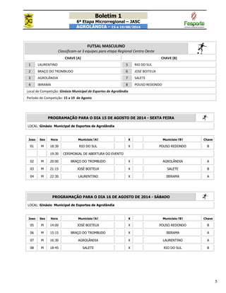 Boletim 1
6ª Etapa Microrregional – JASC
AGROLÂNDIA - 15 a 19/08/2014
5
FUTSAL MASCULINO
Classificam-se 3 equipes para etapa Regional Centro Oeste
CHAVE [A] CHAVE [B]
1 LAURENTINO 5 RIO DO SUL
2 BRAÇO DO TROMBUDO 6 JOSÉ BOITEUX
3 AGROLÂNDIA 7 SALETE
4 IBIRAMA 8 POUSO REDONDO
Local de Competição: Ginásio Municipal de Esportes de Agrolândia
Período de Competição: 15 a 19 de Agosto
PROGRAMAÇÃO PARA O DIA 15 DE AGOSTO DE 2014 - SEXTA FEIRA
LOCAL: Ginásio Municipal de Esportes de Agrolândia
Jogo Sex
o
Hora Município [A] X Município [B] Chave
01 M 18:30 RIO DO SUL X POUSO REDONDO B
19:30 CERIMONIAL DE ABERTURA DO EVENTO
X02 M 20:00 BRAÇO DO TROMBUDO X AGROLÂNDIA A
03 M 21:15 JOSÉ BOITEUX X SALETE B
04 M 22:30 LAURENTINO X IBIRAMA A
PROGRAMAÇÃO PARA O DIA 16 DE AGOSTO DE 2014 - SÁBADO
LOCAL: Ginásio Municipal de Esportes de Agrolândia
Jogo Sex
o
Hora Município [A] X Município [B] Chave
05 M 14:00 JOSÉ BOITEUX X POUSO REDONDO B
06 M 15:15 BRAÇO DO TROMBUDO X IBIRAMA A
07 M 16:30 AGROLÂNDIA X LAURENTINO A
08 M 18:45 SALETE X RIO DO SUL B
 