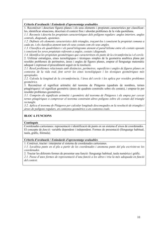 10
Criteris d’avaluació / Estàndards d’aprenentatge avaluables
1. Reconèixer i descriure figures planes i els seus elements i propietats característics per classificar-
les, identificar situacions, descriure el context físic i abordar problemes de la vida quotidiana.
1.1. Reconeix i descriu les propietats característiques dels polígons regulars: angles interiors, angles
centrals, diagonals, apotemes.
1.2. Defineix els elements característics dels triangles, traçant-los i coneixent la propietat comuna a
cada un, i els classifica atenent tant els seus costats com els seus angles.
1.3. Classifica els quadrilàters i els paral·lelograms atenent el paral·lelisme entre els costats oposats
i coneixent les seves propietats referents a angles, costats i diagonals.
1.4. Identifica les propietats geomètriques que caracteritzen els punts de la circumferència i el cercle.
2. Utilitzar estratègies, eines tecnològiques i tècniques simples de la geometria analítica plana per
resoldre problemes de perímetres, àrees i angles de figures planes, emprar el llenguatge matemàtic
adequat i expressar el procediment seguit en la resolució.
2.1. Resol problemes relacionats amb distàncies, perímetres, superfícies i angles de figures planes en
contextos de la vida real, fent servir les eines tecnològiques i les tècniques geomètriques més
apropiades.
2.2. Calcula la longitud de la circumferència, l’àrea del cercle i les aplica per resoldre problemes
geomètrics.
3. Reconèixer el significat aritmètic del teorema de Pitàgores (quadrats de nombres, ternes
pitagòriques) i el significat geomètric (àrees de quadrats construïts sobre els costats), i emprar-lo per
resoldre problemes geomètrics.
3.1. Comprèn els significats aritmètic i geomètric del teorema de Pitàgores i els empra per cercar
ternes pitagòriques o comprovar el teorema construint altres polígons sobre els costats del triangle
rectangle.
3.2. Aplica el teorema de Pitàgores per calcular longituds desconegudes en la resolució de triangles i
àrees de polígons regulars, en contextos geomètrics o en contextos reals.
BLOC 4. FUNCIONS
Continguts
Coordenades cartesianes: representació i identificació de punts en un sistema d’eixos de coordenades.
El concepte de funció: variable dependent i independent. Formes de presentació (llenguatge habitual,
taula, gràfic, fórmula).
Criteris d’avaluació / Estàndards d’aprenentatge avaluables
1. Conèixer, tractar i interpretar el sistema de coordenades cartesianes.
1.1. Localitza punts en el pla a partir de les coordenades i anomena punts del pla escrivint-ne les
coordenades.
2. Tractar les diferents formes de presentar una funció: llenguatge habitual, taula numèrica i gràfic.
2.1. Passa d’unes formes de representació d’una funció a les altres i tria la més adequada en funció
del context.
 