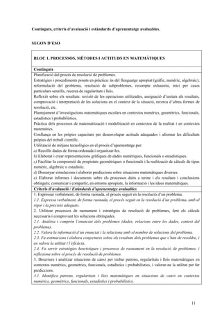 11
Continguts, criteris d’avaluació i estàndards d’aprenentatge avaluables.
SEGON D’ESO
BLOC 1. PROCESSOS, MÈTODES I ACTITUDS EN MATEMÀTIQUES
Continguts
Planificació del procés de resolució de problemes.
Estratègies i procediments posats en pràctica: ús del llenguatge apropiat (gràfic, numèric, algebraic),
reformulació del problema, resolució de subproblemes, recompte exhaustiu, inici per casos
particulars senzills, recerca de regularitats i lleis.
Reflexió sobre els resultats: revisió de les operacions utilitzades, assignació d’unitats als resultats,
comprovació i interpretació de les solucions en el context de la situació, recerca d’altres formes de
resolució, etc.
Plantejament d’investigacions matemàtiques escolars en contextos numèrics, geomètrics, funcionals,
estadístics i probabilístics.
Pràctica dels processos de matematització i modelització en contextos de la realitat i en contextos
matemàtics.
Confiança en les pròpies capacitats per desenvolupar actituds adequades i afrontar les dificultats
pròpies del treball científic.
Utilització de mitjans tecnològics en el procés d’aprenentatge per:
a) Recollir dades de forma ordenada i organitzar-les.
b) Elaborar i crear representacions gràfiques de dades numèriques, funcionals o estadístiques.
c) Facilitar la comprensió de propietats geomètriques o funcionals i la realització de càlculs de tipus
numèric, algebraic o estadístic.
d) Dissenyar simulacions i elaborar prediccions sobre situacions matemàtiques diverses.
e) Elaborar informes i documents sobre els processos duits a terme i els resultats i conclusions
obtinguts; comunicar i compartir, en entorns apropiats, la informació i les idees matemàtiques.
Criteris d’avaluació / Estàndards d’aprenentatge avaluables
1. Expressar verbalment, de forma raonada, el procés seguit en la resolució d’un problema.
1.1. Expressa verbalment, de forma raonada, el procés seguit en la resolució d’un problema, amb el
rigor i la precisió adequats.
2. Utilitzar processos de raonament i estratègies de resolució de problemes, fent els càlculs
necessaris i comprovant les solucions obtingudes.
2.1. Analitza i comprèn l’enunciat dels problemes (dades, relacions entre les dades, context del
problema).
2.2. Valora la informació d’un enunciat i la relaciona amb el nombre de solucions del problema.
2.3. Fa estimacions i elabora conjectures sobre els resultats dels problemes que s’han de resoldre, i
en valora la utilitat i l’eficàcia.
2.4. Fa servir estratègies heurístiques i processos de raonament en la resolució de problemes, i
reflexiona sobre el procés de resolució de problemes.
3. Descriure i analitzar situacions de canvi per trobar patrons, regularitats i lleis matemàtiques en
contextos numèrics, geomètrics, funcionals, estadístics i probabilístics, i valorar-ne la utilitat per fer
prediccions.
3.1. Identifica patrons, regularitats i lleis matemàtiques en situacions de canvi en contextos
numèrics, geomètrics, funcionals, estadístics i probabilístics.
 