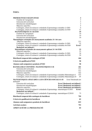 2
ÍNDEX:
PRIMER D’ESO I SEGON D'ESO 3
Finalitat de l’assignatura 3
Estructura del currículum 3
Orientacions metodològiques 3
Objectius específics 5
Continguts, criteris d’avaluació i estàndards d’aprenentatge avaluables 1r ESO 6
Continguts, criteris d’avaluació i estàndards d’aprenentatge avaluables 2n ESO 11
MATEMÀTIQUES 3r i 4rt ESO 19
Finalitat de l’assignatura 19
Estructura del currículum 19
Orientacions metodològiques 19
Matemàtiques orientades als ensenyaments acadèmics 3r i 4rt curs
Objectius específics 211
Continguts, criteris d’avaluació i estàndards d’aprenentatge avaluables 3r ESO 22
Continguts, criteris d’avaluació i estàndards d’aprenentatge avaluables 4rt ESO Error!
Bookmark not defined.8
Matemàtiques orientades als ensenyaments aplicats 3r i 4rt ESO 33
Objectius específics 33
Continguts, criteris d’avaluació i estàndards d’aprenentatge avaluables 3r ESO 34
Continguts, criteris d’avaluació i estàndards d’aprenentatge avaluables 4rt ESO 39
Distribució temporal dels continguts d’ESO 444
Criteris de qualificació d’ESO 50
Alumnes amb assignatures pendents d’ESO 50
BATXILLERAT CIENTÍFIC: MATEMÀTIQUES I i II 441
Estructura del currículum 511
Orientacions metodològiques 511
Objectius específics 522
Continguts, criteris d’avaluació i estàndards d’aprenentatge avaluables Matemàtiques I 533
Continguts, criteris d’avaluació i estàndards d’aprenentatge avaluables Matemàtiques II 59
MATEMÀTIQUES APLICADES A LES CIÈNCIES SOCIALS I i II Error! Bookmark not
defined.5
Estructura del currículum Error! Bookmark not defined.5
Orientacions metodològiques Error! Bookmark not defined.5
Objectius específics Error! Bookmark not defined.6
Continguts, criteris d’avaluació i estàndards d’aprenentatge matemàtiques CCSS I Error!
Bookmark not defined.7
Continguts, criteris d’avaluació i estàndards d’aprenentatge matemàtiques CCSS II 73
Distribució temporal dels continguts de batxillerat 799
Criteris de qualificació de batxillerat 83
Alumnes amb assignatures pendents de batxillerat 833
Activitats escolars 793
APROVACIÓ DE LA PROGRAMACIÓ 83
 