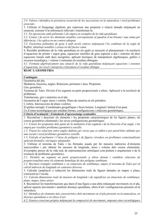 25
2.4. Valora i identifica la presència recurrent de les successions en la naturalesa i resol problemes
associats.
3. Utilitzar el llenguatge algebraic per expressar una propietat o relació donada mitjançant un
enunciat, extreure’n la informació rellevant i transformar-la.
3.1. Fa operacions amb polinomis i els empra en exemples de la vida quotidiana.
3.2. Coneix i fa servir les identitats notables corresponents al quadrat d’un binomi i una suma per
diferència, i les aplica en un context adequat.
3.3. Factoritza polinomis de grau 4 amb arrels enteres mitjançant l’ús combinat de la regla de
Ruffini, identitats notables i extracció del factor comú.
4. Resoldre problemes de la vida quotidiana en els quals es necessiti el plantejament i la resolució
d’equacions de primer i segon grau, equacions senzilles de grau superior a dos i sistemes de dues
equacions lineals amb dues incògnites, aplicant tècniques de manipulació algebraiques, gràfics o
recursos tecnològics, i valorar i contrastar els resultats obtinguts.
4.1. Formula algebraicament una situació de la vida quotidiana mitjançant equacions i sistemes
d’equacions, les resol i interpreta críticament el resultat obtingut.
BLOC 3. GEOMETRIA
Continguts
Geometria del pla.
Mediatriu, bisectriu, angles. Relacions, perímetre i àrea. Propietats.
Lloc geomètric.
Teorema de Tales. Divisió d’un segment en parts proporcionals a altres. Aplicació a la resolució de
problemes.
Translacions, girs i simetries en el pla.
Geometria de l’espai. àrees i volums. Plans de simetria en els políedres.
L’esfera. Interseccions de plans i esferes.
El globus terraqüi. Coordenades geogràfiques i fusos horaris. Longitud i latitud d’un punt.
Ús d’eines tecnològiques per estudiar formes, configuracions i relacions geomètriques.
Criteris d’avaluació / Estàndards d’aprenentatge avaluables
1. Reconèixer i descriure els elements i les propietats característiques de les figures planes, els
cossos geomètrics elementals i les seves configuracions geomètriques.
1.1. Coneix les propietats dels punts de la mediatriu d’un segment i de la bisectriu d’un angle, i les
empra per resoldre problemes geomètrics senzills.
1.2. Tracta les relacions entre angles definits per rectes que es tallen o per paral·leles tallades per
una secant i resol problemes geomètrics senzills.
1.3. Calcula el perímetre i l’àrea de polígons i de figures circulars en problemes contextualitzats
aplicant fórmules i tècniques adequades.
2. Utilitzar el teorema de Tales i les fórmules usuals per fer mesures indirectes d’elements
inaccessibles i per obtenir les mesures de longituds, àrees i volums dels cossos elementals,
d’exemples presos de la vida real, de representacions artístiques com pintura o arquitectura o de la
resolució de problemes geomètrics.
2.1. Divideix un segment en parts proporcionals a altres donats i estableix relacions de
proporcionalitat entre els elements homòlegs de dos polígons semblants.
2.2. Reconeix triangles semblants i, en situacions de semblança, empra el teorema de Tales per al
càlcul indirecte de longituds en contextos diversos.
3. Calcular (ampliació o reducció) les dimensions reals de figures donades en mapes o plans,
coneixent-ne l’escala.
3.1. Calcula dimensions reals de mesures de longituds i de superfícies en situacions de semblança:
plans, mapes, fotos aèries.
4. Reconèixer les transformacions que duen d’una figura a una altra mitjançant moviments en el pla,
aplicar aquests moviments i analitzar dissenys quotidians, obres d’art i configuracions presents en la
naturalesa.
4.1. Identifica els elements més característics dels moviments en el pla presents en la naturalesa, en
dissenys quotidians o en obres d’art.
4.2. Genera creacions pròpies mitjançant la composició de moviments, emprant eines tecnològiques
 