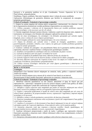 31
Iniciació a la geometria analítica en el pla. Coordenades. Vectors. Equacions de la recta.
Paral·lelisme, perpendicularitat.
Semblança. Figures semblants. Raó entre longituds, àrees i volums de cossos semblants.
Aplicacions informàtiques de geometria dinàmica que facilitin la comprensió de conceptes i
propietats geomètriques.
Criteris d’avaluació / Estàndards d’aprenentatge avaluables
1. Emprar les unitats angulars del sistema mètric sexagesimal i internacional i les relacions i raons
de la trigonometria elemental per resoldre problemes trigonomètrics en contextos reals.
1.1. Utilitza conceptes i relacions de la trigonometria bàsica per resoldre problemes emprant
mitjans tecnològics, si fos necessari, per fer els càlculs.
2. Calcular magnituds efectuant mesures directes i indirectes a partir de situacions reals, emprant els
instruments, les tècniques o les fórmules més adequats i aplicant les unitats de mesura.
2.1. Usa les eines tecnològiques, les estratègies i les fórmules apropiades per calcular angles,
longituds, àrees i volums de cossos i figures geomètriques.
2.2. Resol triangles utilitzant les raons trigonomètriques i les seves relacions.
2.3. Empra les fórmules per calcular àrees i volums de triangles, quadrilàters, cercles,
paral·lelepípedes, piràmides, cilindres, cons i esferes, les aplica per resoldre problemes geomètrics
i assigna les unitats apropiades.
3. Conèixer i utilitzar els conceptes i els procediments bàsics de la geometria analítica plana per
representar, descriure i analitzar formes i configuracions geomètriques senzilles.
3.1. Estableix correspondències analítiques entre les coordenades de punts i vectors.
3.2. Calcula la distància entre dos punts i el mòdul d’un vector.
3.3. Coneix el significat de pendent d’una recta i diferents formes de calcular-lo.
3.4. Calcula l’equació d’una recta de diverses formes, en funció de les dades conegudes.
3.5. Reconeix diferents expressions de l’equació d’una recta i les empra en l’estudi analític de les
condicions d’incidència, paral·lelisme i perpendicularitat.
3.6. Utilitza recursos tecnològics interactius per crear figures geomètriques i observar-ne les
propietats i característiques.
BLOC 4. FUNCIONS
Continguts
Interpretació d’un fenomen descrit mitjançant un enunciat, taula, gràfica o expressió analítica.
Anàlisi de resultats.
La taxa de variació mitjana com a mesura de la variació d’una funció en un interval.
Reconeixement d’altres models funcionals: aplicacions en contextos i situacions reals.
Criteris d’avaluació / Estàndards d’aprenentatge avaluables
1. Identificar relacions quantitatives en una situació, determinar el tipus de funció que pot
representar-les, i aproximar i interpretar la taxa de variació mitjana a partir d’una gràfica, de dades
numèriques o mitjançant l’estudi dels coeficients de l’expressió algebraica.
1.1. Identifica i explica relacions entre magnituds que poden ser descrites mitjançant una relació
funcional i associa les gràfiques amb les corresponents expressions algebraiques.
1.2. Explica i representa gràficament el model de relació entre dues magnituds per als casos de
relació lineal, quadràtica, de proporcionalitat inversa, exponencial i logarítmica, emprant mitjans
tecnològics si és necessari.
1.3. Identifica, estima o calcula paràmetres característics de funcions elementals.
1.4. Expressa raonadament conclusions sobre un fenomen a partir del comportament d’una gràfica
o dels valors d’una taula.
1.5. Analitza el creixement o el decreixement d’una funció mitjançant la taxa de variació mitjana
calculada a partir de l’expressió algebraica, d’una taula de valors o de la mateixa gràfica.
1.6. Interpreta situacions reals que responen a funcions senzilles: lineals, quadràtiques, de
proporcionalitat inversa, definides a trossos, exponencials i logarítmiques.
2. Analitzar informació proporcionada a partir de taules i gràfiques que representin relacions
funcionals associades a situacions reals i obtenir informació sobre el seu comportament, evolució i
possibles resultats finals.
2.1. Interpreta críticament dades de taules i gràfiques sobre diverses situacions reals.
 