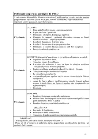45
Distribució temporal de continguts 2n d’ESO
A cada examen del curs hi ha d’haver com a mínim 2 problemes i un exercici amb dos apartats
que podran ser; equacions (si són de 2n grau, sobretot incompletes) o igualtats notables.
Important: sempre que es pot, treure factor comú-
1ª Avaluació
ÀLGEBRA
 Breu repàs Nombres enters. Jerarquia operacions
 Repàs fraccions. Operacions.
 Introducció a l’àlgebra. Llenguatge algebraic.
 Concepte de monomi i polinomi. Operacions (sempre en línea).
Identitats notables. Llenguatge algebraic.
 Resolució d’equacions de primer grau.
 Resolució d’equacions de segon grau senzilles.
 Introducció al sistemes de dues equacions amb dues incògnites.
 Proporcionalitat directa i inversa.
2ª Avaluació
GEOMETRIA (a partir d’aquest tema es pot utilitzar calculadora, no mòbil)
 Segments: Teorema de Tales.
 Triangles: criteris de semblança.
 Raó entre els perímetres i entre les àrees de triangles semblants.
Triangles en posició de Tales: propietats.
 Imatges semblants: ampliació i reducció Els plànols i 1’escala.
 Triangles rectangles: teorema de Pitàgores.
 La circumferència i el cercle.
 Angles dels polígons regulars inscrits en una circumferència. Sistema
sexagesimal.
 Àrees de figures planes: paral·lelograms, triangle, trapezi, polígon
regular. (càlcul d’àrees de figures irregulars, des composant-les en
figures simples)
 El prisma.
3ª Avaluació
FUNCIONS
 Funcions: Sistema de coordenades cartesianes.
 Gràfics d’una funció (a partir de la funció representar el gràfic i trobar
punts de la funció donat el gràfic)
 Funcions de proporcionalitat directa i inversa
ESTADÍSITICA
 Les taules de freqüències.
 Gràfiques de dades estadístiques.
 Tractament de dades estadístiques: paràmetres centrals.
IMPORTANT:
- A les equacions, canviar les lletres, no sempre utilitzar x i y.
- Donar un full d’exercicis de cada tema perquè puguin tenir una idea global del tema i els
sigui més fàcil repassar.
 