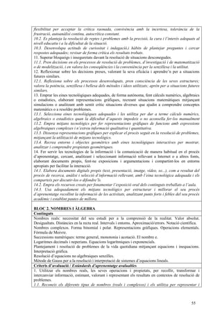 55
flexibilitat per acceptar la crítica raonada, convivència amb la incertesa, tolerància de la
frustració, autoanàlisi continu, autocrítica constant.
10.2. Es planteja la resolució de reptes i problemes amb la precisió, la cura i l’interès adequats al
nivell educatiu i a la dificultat de la situació.
10.3. Desenvolupa actituds de curiositat i indagació,i hàbits de plantejar preguntes i cercar
respostes adequades; revisar de forma crítica els resultats trobats.
11. Superar bloqueigs i inseguretats davant la resolució de situacions desconegudes.
11.1. Pren decisions en els processos de resolució de problemes, d’investigació i de matematització
o de modelització, i en valora les conseqüències i la conveniència per la senzillesa i la utilitat.
12. Reflexionar sobre les decisions preses, valorant la seva eficàcia i aprendre’n per a situacions
futures similars.
12.1. Reflexiona sobre els processos desenvolupats, pren consciència de les seves estructures;
valora la potència, senzillesa i bellesa dels mètodes i idees utilitzats; aprèn per a situacions futures
similars.
13. Emprar les eines tecnològiques adequades, de forma autònoma, fent càlculs numèrics, algebraics
o estadístics, elaborant representacions gràfiques, recreant situacions matemàtiques mitjançant
simulacions o analitzant amb sentit crític situacions diverses que ajudin a comprendre conceptes
matemàtics o a resoldre problemes.
13.1. Selecciona eines tecnològiques adequades i les utilitza per dur a terme càlculs numèrics,
algebraics o estadístics quan la dificultat d’aquests impedeix o no aconsella fer-los manualment
13.2. Empra mitjans tecnològics per fer representacions gràfiques de funcions amb expressions
algebraiques complexes i n’extreu informació qualitativa i quantitativa.
13.3. Dissenya representacions gràfiques per explicar el procés seguit en la resolució de problemes,
mitjançant la utilització de mitjans tecnològics.
13.4. Recrea entorns i objectes geomètrics amb eines tecnològiques interactives per mostrar,
analitzar i comprendre propietats geomètriques.
14. Fer servir les tecnologies de la informació i la comunicació de manera habitual en el procés
d’aprenentatge, cercant, analitzant i seleccionant informació rellevant a Internet o a altres fonts,
elaborant documents propis, fent-ne exposicions i argumentacions i compartint-los en entorns
apropiats per facilitar la interacció.
14.1. Elabora documents digitals propis (text, presentació, imatge, vídeo, so...), com a resultat del
procés de recerca, anàlisi i selecció d’informació rellevant, amb l’eina tecnològica adequada i els
comparteix per discutir-los o difondre’ls.
14.2. Empra els recursos creats per fonamentar l’exposició oral dels continguts treballats a l’aula.
14.3. Usa adequadament els mitjans tecnològics per estructurar i millorar el seu procés
d’aprenentatge recollint la informació de les activitats, analitzant punts forts i febles del seu procés
acadèmic i establint pautes de millora.
BLOC 2. NOMBRES I ÀLGEBRA
Continguts
Nombres reals: necessitat del seu estudi per a la comprensió de la realitat. Valor absolut.
Desigualtats. Distàncies en la recta real. Intervals i entorns. Aproximació/errors. Notació científica.
Nombres complexos. Forma binomial i polar. Representacions gràfiques. Operacions elementals.
Fórmula de Moivre.
Successions numèriques: terme general, monotonia i acotació. El nombre e.
Logaritmes decimals i neperians. Equacions logarítmiques i exponencials.
Plantejament i resolució de problemes de la vida quotidiana mitjançant equacions i inequacions.
Interpretació gràfica.
Resolució d’equacions no algebraiques senzilles.
Mètode de Gauss per a la resolució i interpretació de sistemes d’equacions lineals.
Criteris d’avaluació / Estàndards d’aprenentatge avaluables
1. Utilitzar els nombres reals, les seves operacions i propietats, per recollir, transformar i
intercanviar informació, estimant, valorant i representant els resultats en contextos de resolució de
problemes.
1.1. Reconeix els diferents tipus de nombres (reals i complexos) i els utilitza per representar i
 