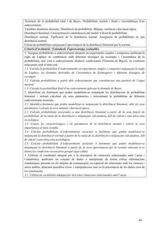 64
Teoremes de la probabilitat total i de Bayes. Probabilitats inicials i finals i versemblança d’un
esdeveniment.
Variables aleatòries discretes. Distribució de probabilitat. Mitjana, variància i desviació típica.
Distribució binomial. Caracterització i identificació del model. Càlcul de probabilitats.
Distribució normal. Tipificació de la distribució normal. Assignació de probabilitats en una
distribució normal.
Càlcul de probabilitats mitjançant l’aproximació de la distribució binomial per la normal.
Criteris d’avaluació / Estàndards d’aprenentatge avaluables
1. Assignar probabilitats a esdeveniments aleatoris en experiments simples i compostos (utilitzant la
regla de Laplace en combinació amb diferents tècniques de recompte i l’axiomàtica de la
probabilitat), així com a esdeveniments aleatoris condicionats (Teorema de Bayes), en contextos
relacionats amb el món real.
1.1. Calcula la probabilitat d’esdeveniments en experiments simples i compostos mitjançant la regla
de Laplace, les fórmules derivades de l’axiomàtica de Kolmogorov i diferents tècniques de
recompte.
1.2. Calcula probabilitats a partir dels esdeveniments que constitueixen una partició de l’espai
mostral.
1.3. Calcula la probabilitat final d’un esdeveniment aplicant la fórmula de Bayes.
2. Identificar els fenòmens que poden modelitzar-se mitjançant les distribucions de probabilitat
binomial i normal calculant els seus paràmetres i determinant la probabilitat de diferents
esdeveniments associats.
2.1. Identifica fenòmens que poden modelitzar-se mitjançant la distribució binomial, obté els seus
paràmetres i calcula la seva mitjana i desviació típica.
2.2. Calcula probabilitats associades a una distribució binomial a partir de la seva funció de
probabilitat, de la taula de la distribució o mitjançant calculadora, full de càlcul o una altra eina
tecnològica.
2.3. Coneix les característiques i els paràmetres de la distribució normal i valora la seva
importància al món científic.
2.4. Calcula probabilitats d’esdeveniments associats a fenòmens que poden modelitzar-se
mitjançant la distribució normal a partir de la taula de la distribució o mitjançant calculadora, full
de càlcul o una altra eina tecnològica.
2.5. Calcula probabilitats d’esdeveniments associats a fenòmens que poden modelitzar-se
mitjançant la distribució binomial a partir de la seva aproximació per la normal valorant si es
donen les condicions necessàries perquè sigui vàlida.
3. Utilitzar el vocabulari adequat per a la descripció de situacions relacionades amb l’atzar i
l’estadística, analitzant un conjunt de dades o interpretant de forma crítica informacions
estadístiques presents en els mitjans de comunicació, en especial els relacionats amb les ciències i
altres àmbits, detectant possibles errors i manipulacions tant en la presentació de les dades com de
les conclusions.
3.1. Utilitza un vocabulari adequat per descriure situacions relacionades amb l’atzar.
 