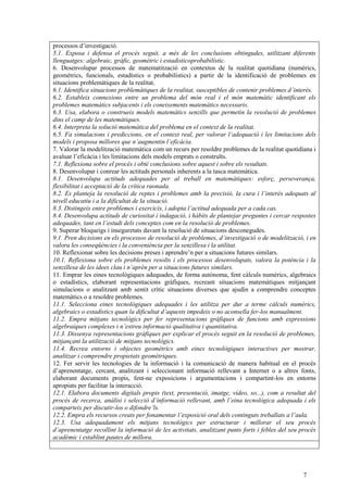 7
processos d’investigació.
5.1. Exposa i defensa el procés seguit, a més de les conclusions obtingudes, utilitzant diferents
llenguatges: algebraic, gràfic, geomètric i estadisticoprobabilístic.
6. Desenvolupar processos de matematització en contextos de la realitat quotidiana (numèrics,
geomètrics, funcionals, estadístics o probabilístics) a partir de la identificació de problemes en
situacions problemàtiques de la realitat.
6.1. Identifica situacions problemàtiques de la realitat, susceptibles de contenir problemes d’interès.
6.2. Estableix connexions entre un problema del món real i el món matemàtic identificant els
problemes matemàtics subjacents i els coneixements matemàtics necessaris.
6.3. Usa, elabora o construeix models matemàtics senzills que permetin la resolució de problemes
dins el camp de les matemàtiques.
6.4. Interpreta la solució matemàtica del problema en el context de la realitat.
6.5. Fa simulacions i prediccions, en el context real, per valorar l’adequació i les limitacions dels
models i proposa millores que n’augmentin l’eficàcia.
7. Valorar la modelització matemàtica com un recurs per resoldre problemes de la realitat quotidiana i
avaluar l’eficàcia i les limitacions dels models emprats o construïts.
7.1. Reflexiona sobre el procés i obté conclusions sobre aquest i sobre els resultats.
8. Desenvolupar i conrear les actituds personals inherents a la tasca matemàtica.
8.1. Desenvolupa actituds adequades per al treball en matemàtiques: esforç, perseverança,
flexibilitat i acceptació de la crítica raonada.
8.2. Es planteja la resolució de reptes i problemes amb la precisió, la cura i l’interès adequats al
nivell educatiu i a la dificultat de la situació.
8.3. Distingeix entre problemes i exercicis, i adopta l’actitud adequada per a cada cas.
8.4. Desenvolupa actituds de curiositat i indagació, i hàbits de plantejar preguntes i cercar respostes
adequades, tant en l’estudi dels conceptes com en la resolució de problemes.
9. Superar bloqueigs i inseguretats davant la resolució de situacions desconegudes.
9.1. Pren decisions en els processos de resolució de problemes, d’investigació o de modelització, i en
valora les conseqüències i la conveniència per la senzillesa i la utilitat.
10. Reflexionar sobre les decisions preses i aprendre’n per a situacions futures similars.
10.1. Reflexiona sobre els problemes resolts i els processos desenvolupats, valora la potència i la
senzillesa de les idees clau i n’aprèn per a situacions futures similars.
11. Emprar les eines tecnològiques adequades, de forma autònoma, fent càlculs numèrics, algebraics
o estadístics, elaborant representacions gràfiques, recreant situacions matemàtiques mitjançant
simulacions o analitzant amb sentit crític situacions diverses que ajudin a comprendre conceptes
matemàtics o a resoldre problemes.
11.1. Selecciona eines tecnològiques adequades i les utilitza per dur a terme càlculs numèrics,
algebraics o estadístics quan la dificultat d’aquests impedeix o no aconsella fer-los manualment.
11.2. Empra mitjans tecnològics per fer representacions gràfiques de funcions amb expressions
algebraiques complexes i n’extreu informació qualitativa i quantitativa.
11.3. Dissenya representacions gràfiques per explicar el procés seguit en la resolució de problemes,
mitjançant la utilització de mitjans tecnològics.
11.4. Recrea entorns i objectes geomètrics amb eines tecnològiques interactives per mostrar,
analitzar i comprendre propietats geomètriques.
12. Fer servir les tecnologies de la informació i la comunicació de manera habitual en el procés
d’aprenentatge, cercant, analitzant i seleccionant informació rellevant a Internet o a altres fonts,
elaborant documents propis, fent-ne exposicions i argumentacions i compartint-los en entorns
apropiats per facilitar la interacció.
12.1. Elabora documents digitals propis (text, presentació, imatge, vídeo, so...), com a resultat del
procés de recerca, anàlisi i selecció d’informació rellevant, amb l’eina tecnològica adequada i els
comparteix per discutir-los o difondre’ls.
12.2. Empra els recursos creats per fonamentar l’exposició oral dels continguts treballats a l’aula.
12.3. Usa adequadament els mitjans tecnològics per estructurar i millorar el seu procés
d’aprenentatge recollint la informació de les activitats, analitzant punts forts i febles del seu procés
acadèmic i establint pautes de millora.
 