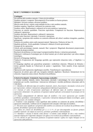 8
BLOC 2. NOMBRES I ÀLGEBRA
Continguts
Divisibilitat dels nombres naturals. Criteris de divisibilitat.
Nombres primers i composts. Descomposició d’un nombre en factors primers.
Múltiples i divisors comuns a diversos nombres.
Màxim comú divisor i mínim comú múltiple de dos o més nombres naturals.
Nombres negatius. Significat i utilització en contextos reals.
Nombres enters. Representació, ordenació en la recta numèrica i operacions.
Fraccions en entorns quotidians. Fraccions equivalents. Comparació de fraccions. Representació,
ordenació i operacions.
Nombres decimals. Representació, ordenació i operacions.
Relació entre fraccions i decimals. Conversió i operacions.
Significats i propietats dels nombres en contextos diferents del càlcul: nombres triangulars, quadrats,
pentagonals.
Potències de nombres enters amb exponent natural. Operacions. Potències de base 10.
Quadrats perfectes. Arrels quadrades. Estimació i obtenció d’arrels aproximades.
Jerarquia de les operacions.
Càlculs amb percentatges (mental, manual). Raó i proporció. Magnituds directament proporcionals.
Constant de proporcionalitat.
Resolució de problemes on intervengui la proporcionalitat directa o variacions percentuals.
Elaboració i utilització d’estratègies per al càlcul mental, per al càlcul aproximat i per altres mitjans
tecnològics.
Iniciació al llenguatge algebraic.
Traducció d’expressions del llenguatge quotidià, que representin situacions reals, a l’algebraic i a
l’inrevés.
El llenguatge algebraic per generalitzar propietats i simbolitzar relacions. Obtenció de fórmules i
termes generals basada en l’observació de pautes i regularitats. Valor numèric d’una expressió
algebraica.
Operacions amb expressions algebraiques senzilles. Transformació i equivalències.
Equacions de primer grau amb una incògnita (mètodes algebraic). Resolució. Interpretació de les
solucions. Equacions sense solució. Resolució de problemes.
Criteris d’avaluació / Estàndards d’aprenentatge avaluables
1. Emprar nombres naturals, enters, fraccionaris, decimals i percentatges, les seves operacions i
propietats per recollir, transformar i intercanviar informació i resoldre problemes relacionats amb la
vida diària.
1.1. Identifica els diferents tipus de nombres (naturals, enters, fraccionaris i decimals) i els fa servir
per representar, ordenar i interpretar adequadament informació quantitativa.
1.2. Calcula el valor d’expressions numèriques de diferents tipus de nombres mitjançant les
operacions elementals i les potències d’exponent natural aplicant correctament la jerarquia de les
operacions.
1.3. Empra adequadament els diferents tipus de nombres i les seves operacions per resoldre
problemes quotidians contextualitzats, i representa i interpreta mitjançant mitjans tecnològics, quan
sigui necessari, els resultats obtinguts.
2. Conèixer i usar propietats i nous significats dels nombres en contextos de paritat, divisibilitat i
operacions elementals, i millorar així la comprensió del concepte i dels tipus de nombres.
2.1. Reconeix nous significats i propietats dels nombres en contextos de resolució de problemes sobre
paritat, divisibilitat i operacions elementals.
2.2. Aplica els criteris de divisibilitat per 2, 3, 5, 9 i 11 per descompondre en factors primers
nombres naturals i els empra en exercicis, activitats i problemes contextualitzats.
2.3. Identifica i calcula el màxim comú divisor i el mínim comú múltiple de dos o més nombres
naturals mitjançant l’algoritme adequat i els aplica a la resolució de problemes contextualitzats
2.4. Fa càlculs en què intervenen potències d’exponent natural i aplica les regles bàsiques de les
operacions amb potències.
 