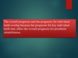 The overall prognosis and the prognosis for individual 
teeth overlap because the prognosis for key individual 
teeth may affect the overall prognosis for prosthetic 
rehabilitation. 
 