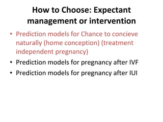 How to Choose: Expectant management or intervention Prediction models for  Chance to concieve naturally (home conception)  (treatment independent pregnancy) Prediction models for pregnancy after IVF Prediction models for pregnancy after IUI 