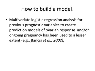 How to build a model! Multivariate logistic regression analysis for previous prognostic variables to create prediction models of ovarian response  and/or ongoing pregnancy has been used to a lesser extent (e.g., Bancsi  et al., 2002). 
