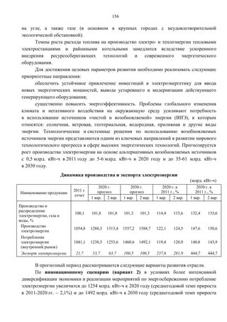 156

 на угле, а также газе (в основном в крупных городах с неудовлетворительной
 экологической обстановкой).
       Темпы роста расхода топлива на производство электро- и теплоэнергии тепловыми
 электростанциями и районными котельными замедлится вследствие ускоренного
 внедрения ресурсосберегающих технологий и современного энергетического
 оборудования.
       Для достижения целевых параметров развития необходимо реализовать следующие
 приоритетные направления:
       обеспечить устойчивое привлечение инвестиций в электроэнергетику для ввода
 новых энергетических мощностей, вывода устаревшего и модернизации действующего
 генерирующего оборудования;
       существенно повысить энергоэффективность. Проблемы глобального изменения
 климата и негативного воздействия на окружающую среду усиливают потребность
 в использовании источников «чистой и возобновляемой» энергии (ВИЭ), к которым
 относятся: солнечная, ветровая, геотермальная, водородная, приливная и другие виды
 энергии. Технологические и системные решения по использованию возобновляемых
 источников энергии представляются одним из ключевых направлений в развитии мирового
 технологического прогресса в сфере высоких энергетических технологий. Прогнозируется
 рост производства электроэнергии на основе альтернативных возобновляемых источников
 с 0,5 млрд. кВт-ч в 2011 году до 5-6 млрд. кВт-ч в 2020 году и до 35-61 млрд. кВт-ч
 в 2030 году.
                         Динамика производства и экспорта электроэнергии
                                                                                               (млрд. кВт-ч)
                                            2020 г.           2030 г.           2020 г. к          2030 г. к
                              2011 г.       прогноз           прогноз          2011 г., %         2011 г., %
Наименование продукции
                               отчет
                                        1 вар. 2 вар.     1 вар. 2 вар.     1 вар.    2 вар.   1 вар.    2 вар.
Производство и
распределение
                              100,1     101,8    101,8    101,3    101,3    114,4     115,6    132,4     133,6
электроэнергии, газа и
воды, %
 Производство
                              1054,8    1288,3   1313,4   1557,2   1588,7   122,1     124,5    147,6     150,6
 электроэнергии
 Потребление
 электроэнергии               1041,1    1238,5   1253,6   1460,6   1492,1   119,4     120,9    140,8     143,9
 (внутренний рынок)
 Экспорт электроэнергии        21,7      53,7     63,7    100,5    100,5    237,6     281,9    444,7     444,7

       В прогнозный период рассматриваются следующие варианты развития отрасли.
       По инновационному сценарию (вариант 2) в условиях более интенсивной
 диверсификации экономики и реализации мероприятий по энергосбережению потребление
 электроэнергии увеличится до 1254 млрд. кВт-ч к 2020 году (среднегодовой темп прироста
 в 2011-2020 гг. – 2,1%) и до 1492 млрд. кВт-ч к 2030 году (среднегодовой темп прироста
 