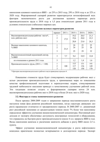 61

накопления основного капитала в ВВП – до 25% к 2015 году, 29% к 2018 году и до 32% к
2020 году. Форсированный сценарий развития характеризуется интенсификацией всех
факторов экономического роста для достижения целевого параметра роста
производительности труда к 2018 году в 1,5 раза относительно уровня 2011 года в
условиях относительно стабильных мировых цен.
                          Достижение целевых параметров развития
                                                       вариант     2011 г.   2015 г.   2018 г.   2020 г.
 Высокопроизводительные рабочие места*,                   1                   19,2      20,5      21,3
 млн. рабочих мест                                        2                   19,6      20,8      22,3
                                                                     17,9
                                                           3                  20,8      23,8      26,3
 Валовое накопление основного капитала,                    1                   24        25        25
 % ВВП                                                     2                   24        25        26
                                                                     21,4
                                                           3                   25        29        32
 Высокотехнологичный наукоемкий сектор,
                                                           3         7,7      9,4       10,9      12,0
 % ВВП
    по отношению к уровню 2011 года                        3                  1,2       1,4       1,6
 Производительность труда, (2011 г. = 100)                 1                  115       131       141
                                                           2         100      117       136       149
                                                           3                  120       150       170
 * Критерии высокопроизводительного рабочего места приведены в разделе 4.


      Повышение стоимости труда будет стимулировать модернизацию рабочих мест с
целью увеличения производительности труда, а принимаемые меры по повышению
качества профессиональной подготовки и переподготовке кадров, стимулированию
трудовой мобильности населения приведут к качественному улучшению рабочей силы.
Эти тенденции позволят создать в форсированном сценарии почти 24 млн.
высокопроизводительных рабочих мест к 2018 году и более 26 млн. мест к 2020 году.
      3.2. Факторы и этапы экономического развития
      После кризиса 2008-2009 годов и завершения периода восстановительного роста
наступила новая фаза развития российской экономики, когда структура движущих сил
роста кардинально отличается от предкризисного периода. В 2000-2007 гг. динамичный
рост российской экономики со среднегодовым темпом около 7% более чем наполовину
определялся эффектом улучшения внешнеэкономической конъюнктуры. Постоянный рост
доходов от экспорта обеспечивал доступность иностранных технологий и оборудования,
что отражалось на быстром росте производительности (около 4 п.п. прироста ВВП в год).
Вклад накопления капитала и увеличения занятости добавлял к росту ВВП около 2,5 п.
пункта.
      Эффект улучшения внешнеэкономической конъюнктуры и роста нефтегазового
комплекса практически полностью исчерпывается в долгосрочном периоде. Экспорт
 