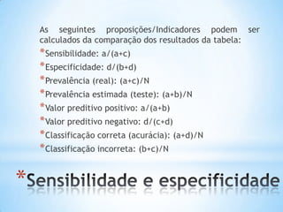 *
As seguintes proposições/Indicadores podem ser
calculados da comparação dos resultados da tabela:
*Sensibilidade: a/(a+c)
*Especificidade: d/(b+d)
*Prevalência (real): (a+c)/N
*Prevalência estimada (teste): (a+b)/N
*Valor preditivo positivo: a/(a+b)
*Valor preditivo negativo: d/(c+d)
*Classificação correta (acurácia): (a+d)/N
*Classificação incorreta: (b+c)/N
 