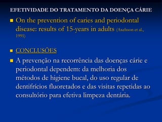 EFETIVIDADE DO TRATAMENTO DA DOENÇA CÁRIEOn the prevention of caries and periodontal disease: results of 15-years in adults (Axelsson et al., 1991)RESULTADOSDos 317 que retornaram para reavaliação, 165 (>50%) não desenvolveu nenhuma cárie; 88 tiveram uma cárie ao longo do tempo, 64 tiveram duas ou mais novas cáries e 2 indivíduos tiveram mais de 10 cáries.As cáries recorrentes foram muito mais prevalentes do que as novas lesões, nos três grupos.