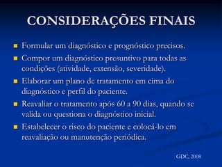 ENVELHECIMENTOA PI e PO são mais prevalentes em pacientes mais velhos.Será que a idade é um fator de risco a periodontite??? Diferenças na cicatrização, em pacientes mais velhos, se devem ao envelhecimento ou a condições concomitantes (diabetes, medicamentos, doenças vasculares…).GDC, 2008