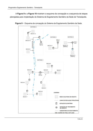 Prognóstico Esgotamento Sanitário - Teresópolis 
Folha 40 
A Figura 9 e a Figura 10 mostram o esquema da concepção e a sequencia de etapas planejadas para implantação do Sistema de Esgotamento Sanitário da Sede de Teresópolis. 
Figura 9 − Esquema da concepção do Sistema de Esgotamento Sanitário da Sede. 
 