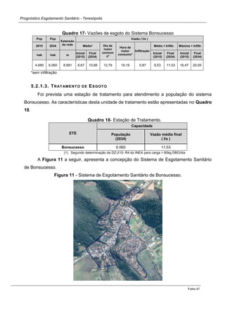 Prognóstico Esgotamento Sanitário - Teresópolis 
Folha 47 
Quadro 17- Vazões de esgoto do Sistema Bonsucesso Pop Pop Extensão de rede Vazão ( l/s ) 2015 2034 Média* Dia de maior consumo* Hora de maior consumo* Infiltração Média + Infiltr. Máxima + Infiltr. hab hab m Inicial (2015) Final (2034) Inicial (2015) Final (2034) Inicial (2015) Final (2034) 
4.680 
6.060 
8.681 
8,67 
10,66 
12,79 
19,19 
0,87 
9,53 
11,53 
16,47 
20,05 
*sem infiltração 
5.2.1.3. TRATAMENTO DE ESGOTO 
Foi prevista uma estação de tratamento para atendimento a população do sistema Bonsucesso. As características desta unidade de tratamento estão apresentadas no Quadro 18. 
Quadro 18- Estação de Tratamento. ETE Capacidade População (2034) Vazão média final ( l/s ) Bonsucesso 6.060 11,53 
(1) Segundo determinação da DZ-215- R4 do INEA para carga > 80kg DBO/dia 
A Figura 11 a seguir, apresenta a concepção do Sistema de Esgotamento Sanitário de Bonsucesso. 
Figura 11 - Sistema de Esgotamento Sanitário de Bonsucesso. 
 