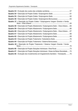 Prognóstico Esgotamento Sanitário - Teresópolis 
Folha 7 
Quadro 33 − Evolução dos custos das unidades sanitárias.............................................. 57 
Quadro 34 − Descrição do Projeto Coleta / Subprograma Sede. ..................................... 61 
Quadro 35 − Descrição do Projeto Coleta / Subprograma Sede. ..................................... 62 
Quadro 36 − Descrição do Projeto Coleta / Subprograma Bonsucesso. .......................... 63 
Quadro 37 − Descrição do Projeto Coleta / Subprograma Vargem Grande e Venda Nova – Área Urbana. ...................................................................................... 64 
Quadro 38 − Descrição do Projeto Afastamento / Subprograma Sede – Área Urbana. ... 65 
Quadro 39 − Descrição do Projeto Afastamento / Subprograma Sede. ............................ 66 
Quadro 40 − Descrição do Projeto Afastamento / Subprograma Sede – Área Urbana. ... 67 
Quadro 41 − Descrição do Projeto Afastamento / Subprograma Sede. ............................ 68 
Quadro 42 − Descrição do Projeto Afastamento / Subprograma Sede. ............................ 69 
Quadro 43 − Descrição do Projeto Tratamento / Subsistema Sede. ................................ 70 
Quadro 44 − Descrição do Projeto Tratamento / Sistema Bonsucesso. ........................... 71 
Quadro 45 − Descrição do Projeto Tratamento / Sistema Vargem Grande / Venda Nova. .............................................................................................................. 72 
Quadro 46 − Descrição do Projeto Soluções Individuais / Área Rural. ............................. 73 
Quadro 47 − Descrição do Projeto Soluções Individuais / Áreas de Baixa Densidade. .... 74 
Quadro 48 – Evolução dos investimentos em Esgotamento Sanitário - Teresópolis. ....... 75  