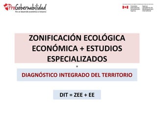 ZONIFICACIÓN ECOLÓGICA
ECONÓMICA + ESTUDIOS
ESPECIALIZADOS
DIAGNÓSTICO INTEGRADO DEL TERRITORIO
DIT = ZEE + EE
=
 