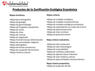 Mapas temáticos.
•Mapa base hidrográfica
•Mapa de geología
•Mapa de geomorfología
•Mapa de fisiografía y pendientes
•Mapa de suelos
•Mapa de clima
•Mapa de cuencas
•Mapa de vegetación
•Mapa Forestal (incluye deforestación)
•Mapa de comunidades indígenas
•Mapa demográfico
•Mapa de frentes económicos
•Mapa de ocupación del territorio
•Mapa histórico cultural
Mapas síntesis.
•Mapa de unidades ecológicas.
•Mapa de unidades socioeconómicas
•Mapa de unidades ecológicas económicas
•Mapa de capacidad de uso mayor de la tierra
•Mapa de potencial piscícola
•Mapa de sitios turísticos
•Mapa de potencial minero
Mapa síntesis evaluativos.
•Mapa de valor productivo
•Mapa de valor bioecológico
•Mapa de vulnerabilidad
•Mapa de conflictos ambientales
•Mapa de aptitud urbano industrial
•Mapa de valor histórico cultural
•Mapa de potencialidades socioeconómicas
Mapa síntesis propositivo.
•Mapa de propuesta de ZEE
Productos de la Zonificación Ecológica Económica
 