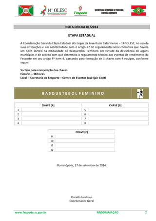 www.fesporte.sc.gov.br PROGRAMAÇÃO 2 
NOTA OFICIAL 01/2014 
ETAPA ESTADUAL 
A Coordenação Geral da Etapa Estadual dos Jogos da Juventude Catarinense – 14ª OLESC, no uso de suas atribuições e em conformidade com o artigo 77 do regulamento Geral comunica que haverá um novo sorteio na modalidade de Basquetebol Feminino em virtude da desistência de alguns municípios e de acordo com que determina o regulamento técnico dos eventos de rendimento da Fesporte em seu artigo 4º item 4, passando para formação de 3 chaves com 4 equipes, conforme segue: 
Sorteio para composição das chaves 
Horário – 18 horas 
Local – Secretaria da Fesporte – Centro de Eventos José Ijair Conti 
B A S Q U E T E B O L F E M I N I N O 
CHAVE [A] 
CHAVE [B] 
1 
5 
2 
6 
3 
7 
4 
8 
CHAVE [C] 
9 
10 
11 
12 
Florianópolis, 17 de setembro de 2014. 
Osvaldo Juncklaus 
Coordenador Geral 
 