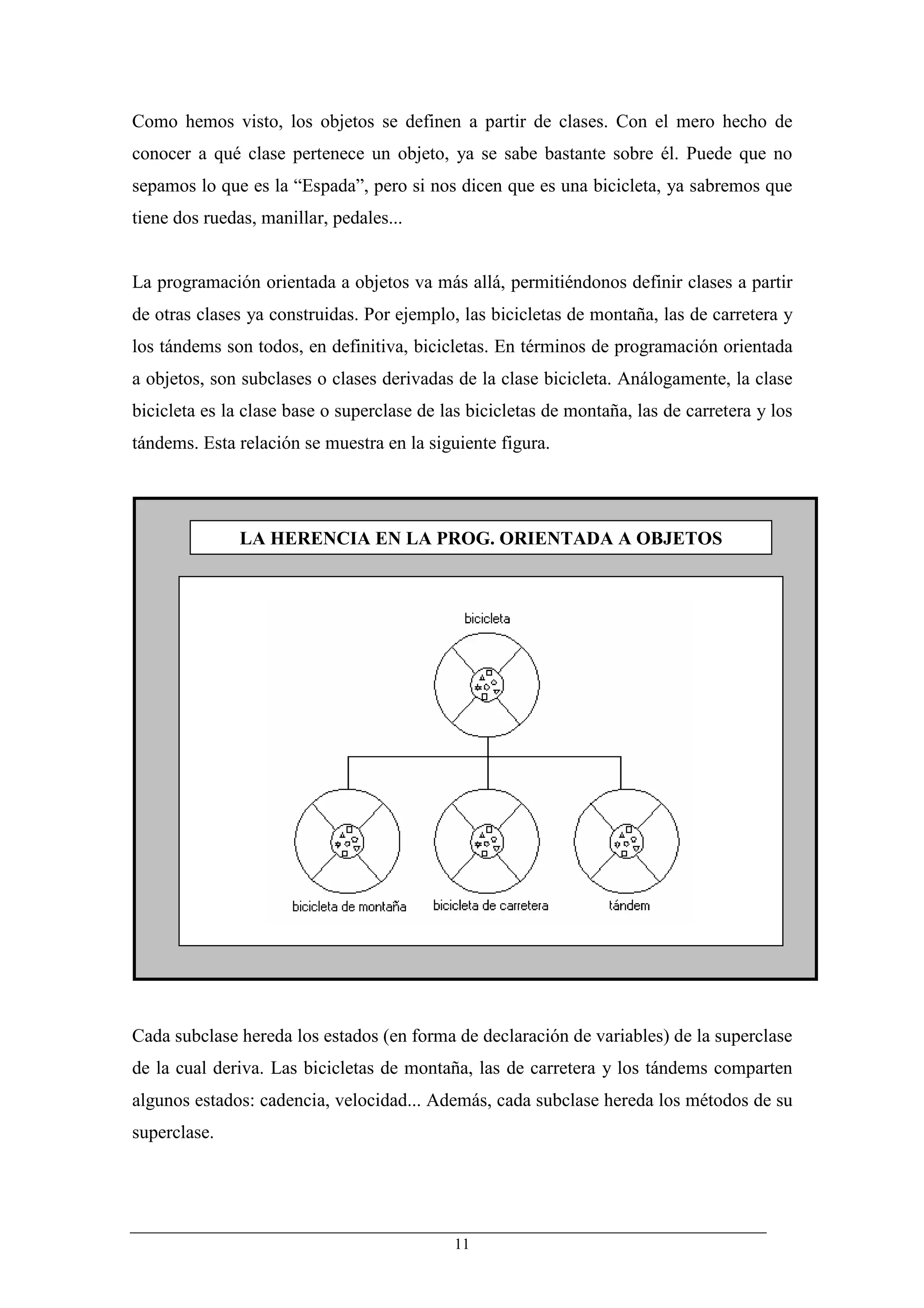 Como hemos visto, los objetos se definen a partir de clases. Con el mero hecho de
conocer a qué clase pertenece un objeto, ya se sabe bastante sobre él. Puede que no
sepamos lo que es la “Espada”, pero si nos dicen que es una bicicleta, ya sabremos que
tiene dos ruedas, manillar, pedales...


La programación orientada a objetos va más allá, permitiéndonos definir clases a partir
de otras clases ya construidas. Por ejemplo, las bicicletas de montaña, las de carretera y
los tándems son todos, en definitiva, bicicletas. En términos de programación orientada
a objetos, son subclases o clases derivadas de la clase bicicleta. Análogamente, la clase
bicicleta es la clase base o superclase de las bicicletas de montaña, las de carretera y los
tándems. Esta relación se muestra en la siguiente figura.




               LA HERENCIA EN LA PROG. ORIENTADA A OBJETOS




Cada subclase hereda los estados (en forma de declaración de variables) de la superclase
de la cual deriva. Las bicicletas de montaña, las de carretera y los tándems comparten
algunos estados: cadencia, velocidad... Además, cada subclase hereda los métodos de su
superclase.




                                            11
 