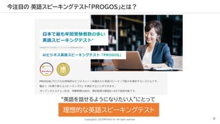 Copyright(C) 2022PROGOS Inc. All rights reserved. 0
今注目の 英語スピーキングテスト「PROGOS」とは？
理想的な英語スピーキングテスト
 