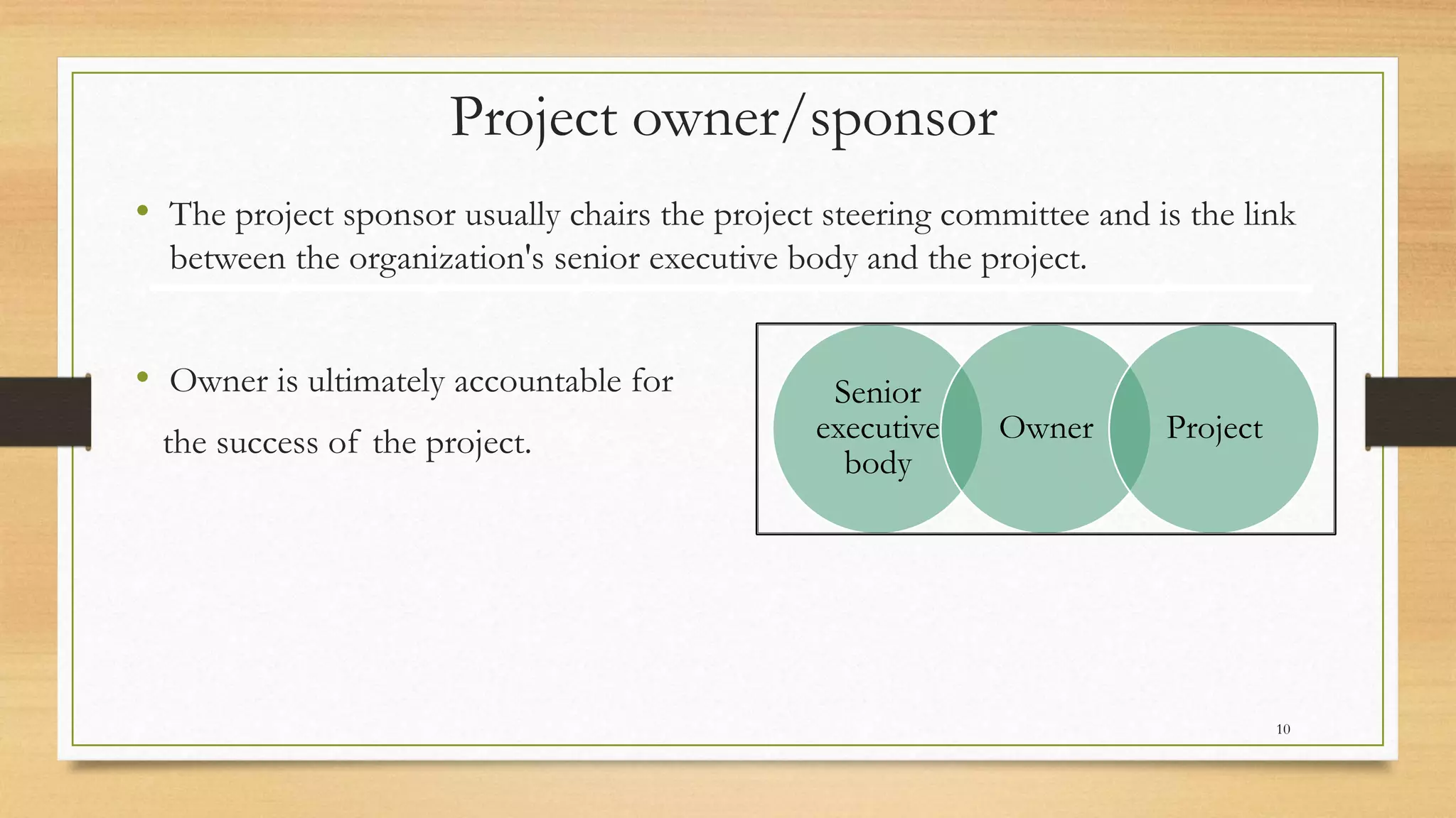 Project owner/sponsor
• The project sponsor usually chairs the project steering committee and is the link
between the organization's senior executive body and the project.
• Owner is ultimately accountable for
the success of the project.
Senior
executive
body
Owner Project
10
 