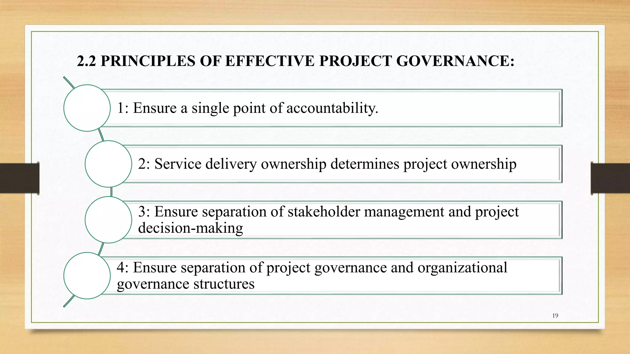 2.2 PRINCIPLES OF EFFECTIVE PROJECT GOVERNANCE:
1: Ensure a single point of accountability.
2: Service delivery ownership determines project ownership
3: Ensure separation of stakeholder management and project
decision-making
4: Ensure separation of project governance and organizational
governance structures
19
 