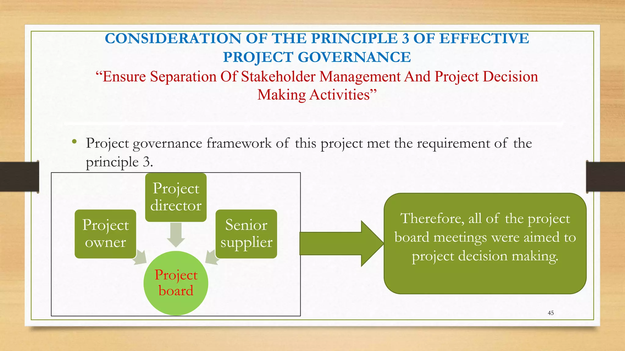 CONSIDERATION OF THE PRINCIPLE 3 OF EFFECTIVE
PROJECT GOVERNANCE
“Ensure Separation Of Stakeholder Management And Project Decision
Making Activities”
• Project governance framework of this project met the requirement of the
principle 3.
Project
board
Project
owner
Project
director
Senior
supplier
Therefore, all of the project
board meetings were aimed to
project decision making.
45
 