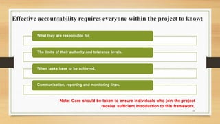 Effective accountability requires everyone within the project to know:
Note: Care should be taken to ensure individuals who join the project
receive sufficient introduction to this framework.
What they are responsible for.
The limits of their authority and tolerance levels.
When tasks have to be achieved.
Communication, reporting and monitoring lines.
21
 