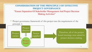 CONSIDERATION OF THE PRINCIPLE 3 OF EFFECTIVE
PROJECT GOVERNANCE
“Ensure Separation Of Stakeholder Management And Project Decision
Making Activities”
• Project governance framework of this project met the requirement of the
principle 3.
Project
board
Project
owner
Project
director
Senior
supplier
Therefore, all of the project
board meetings were aimed to
project decision making.
45
 