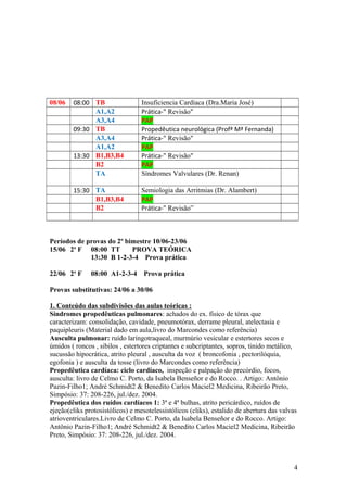 08/06 08:00 TB Insuficiencia Cardíaca (Dra.Maria José)
A1,A2 Prática-" Revisão"
A3,A4 PAP
09:30 TB Propedêutica neurológica (Profª Mª Fernanda)
A3,A4 Prática-" Revisão"
A1,A2 PAP
13:30 B1,B3,B4 Prática-" Revisão"
B2 PAP
TA Síndromes Valvulares (Dr. Renan)
15:30 TA Semiologia das Arritmias (Dr. Alambert)
B1,B3,B4 PAP
B2 Prática-" Revisão”
Períodos de provas do 2º bimestre 10/06-23/06
15/06 2a
F 08:00 TT PROVA TEÓRICA
13:30 B 1-2-3-4 Prova prática
22/06 2a
F 08:00 A1-2-3-4 Prova prática
Provas substitutivas: 24/06 a 30/06
1. Conteúdo das subdivisões das aulas teóricas :
Síndromes propedêuticas pulmonares: achados do ex. físico de tórax que
caracterizam: consolidação, cavidade, pneumotórax, derrame pleural, atelectasia e
paquipleuris (Material dado em aula,livro do Marcondes como referência)
Ausculta pulmonar: ruído laringotraqueal, murmúrio vesicular e estertores secos e
úmidos ( roncos , sibilos , estertores criptantes e subcriptantes, sopros, tinido metálico,
sucussão hipocrática, atrito pleural , ausculta da voz ( broncofonia , pectorilóquia,
egofonia ) e ausculta da tosse (livro do Marcondes como referência)
Propedêutica cardíaca: ciclo cardíaco, inspeção e palpação do precórdio, focos,
ausculta: livro de Celmo C. Porto, da Isabela Benseñor e do Rocco. . Artigo: Antônio
Pazin-Filho1; André Schmidt2 & Benedito Carlos Maciel2 Medicina, Ribeirão Preto,
Simpósio: 37: 208-226, jul./dez. 2004.
Propedêutica dos ruídos cardíacos 1: 3ª e 4ª bulhas, atrito pericárdico, ruídos de
ejeção(cliks protosistólicos) e mesotelessistólicos (cliks), estalido de abertura das valvas
atrioventriculares.Livro de Celmo C. Porto, da Isabela Benseñor e do Rocco. Artigo:
Antônio Pazin-Filho1; André Schmidt2 & Benedito Carlos Maciel2 Medicina, Ribeirão
Preto, Simpósio: 37: 208-226, jul./dez. 2004.
4
 