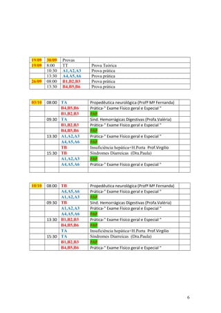 19/09 30/09 Provas
19/09 8:00 TT Prova Teórica
10:30 A1,A2,A3 Prova prática
13:30 A4,A5,A6 Prova prática
26/09 08:00 B1,B2,B3 Prova prática
13:30 B4,B5,B6 Prova prática
03/10 08:00 TA Propedêutica neurológica (Profª Mª Fernanda)
B4,B5,B6 Prática-" Exame Físico geral e Especial "
B1,B2,B3 PAP
09:30 TA Sínd. Hemorrágicas Digestivas (Profa.Valéria)
B1,B2,B3 Prática-" Exame Físico geral e Especial "
B4,B5,B6 PAP
13:30 A1,A2,A3 Prática-" Exame Físico geral e Especial "
A4,A5,A6 PAP
TB Insuficiência hepática+H.Porta Prof.Virgilio
15:30 TB Síndromes Diarreicas (Dra.Paula)
A1,A2,A3 PAP
A4,A5,A6 Prática-" Exame Físico geral e Especial "
10/10 08:00 TB Propedêutica neurológica (Profª Mª Fernanda)
A4,A5,A6 Prática-" Exame Físico geral e Especial "
A1,A2,A3 PAP
09:30 TB Sínd. Hemorrágicas Digestivas (Profa.Valéria)
A1,A2,A3 Prática-" Exame Físico geral e Especial "
A4,A5,A6 PAP
13:30 B1,B2,B3 Prática-" Exame Físico geral e Especial "
B4,B5,B6 PAP
TA Insuficiência hepática+H.Porta Prof.Virgilio
15:30 TA Síndromes Diarreicas (Dra.Paula)
B1,B2,B3 PAP
B4,B5,B6 Prática-" Exame Físico geral e Especial "
6
 