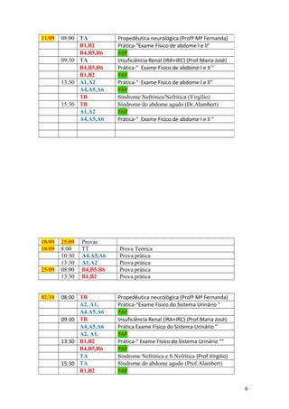 18/09 25/09 Provas
18/09 8:00 TT Prova Teórica
10:30 A4,A5,A6 Prova prática
13:30 A1,A2 Prova prática
25/09 08:00 B4,B5,B6 Prova prática
13:30 B1,B2 Prova prática
02/10 08:00 TB Propedêutica neurológica (Profª Mª Fernanda)
A2, A1, Prática-"Exame Físico do Sistema Urinário "
A4,A5,A6 PAP
09:30 TB Insuficiência Renal (IRA+IRC) (Prof.Maria José)
A4,A5,A6 Prática Exame Físico do Sistema Urinário "
A2, A1, PAP
13:30 B1,B2 Prática-" Exame Físico do Sistema Urinário ""
B4,B5,B6 PAP
TA Síndrome Nefrótica e S.Nefrítica (Prof.Virgilio)
15:30 TA Síndrome do abdome agudo (Prof.Alambert)
B1,B2 PAP
11/09 08:00 TA Propedêutica neurológica (Profª Mª Fernanda)
B1,B2 Prática-"Exame Físico de abdome l e ll"
B4,B5,B6 PAP
09:30 TA Insuficiência Renal (IRA+IRC) (Prof.Maria José)
B4,B5,B6 Prática-" Exame Físico de abdome l e II "
B1,B2 PAP
13:30 A1,A2 Prática-" Exame Físico de abdome l e ll"
A4,A5,A6 PAP
TB Síndrome Nefrótica/Nefrítica (Virgílio)
15:30 TB Síndrome do abdome agudo (Dr.Alambert)
A1,A2 PAP
A4,A5,A6 Prática-" Exame Físico de abdome l e ll "
6
 