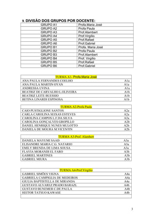 9. DIVISÃO DOS GRUPOS POR DOCENTE:
GRUPO A1 Profa.Maria José
GRUPO A2 Profa Paula
GRUPO A3 Prof.Alambert
GRUPO A4 Prof.Virgílio
GRUPO A5 Prof.Rafael
GRUPO A6 Prof.Gabriel
GRUPO B1 Profa. Maria José
GRUPO B2 Profa Paula
GRUPO B3 Prof.Alambert
GRUPO B4 Prof. Virgílio
GRUPO B5 Prof.Rafael
GRUPO B6 Prof.Gabriel
TURMA A1- Profa.Maria José
ANA PAULA FERNANDES COELHO A1a
ANA PAULA MARTIN OYAN A1a
ANDRESSA UVINA A1a
BEATRIZ DE CARVALHO L.OLIVEIRA A1b
BEATRIZ LEITE BUESSIO A1b
BETINA LINARDI ESPINOSA A1b
TURMA A2-Profa Paula
CAIO PUSTIGLIONE SANTOS A2a
CARLA CAROLINA SEIXAS ESTEVES A2a
CAROLINA CAMPOS L.F.DA SILVA A2a
CAROLINA GONÇALVES GROPILLO A2b
DANIEL HENRIQUE NUNES MULOTTO A2b
DANIELA DE MOURA M.VICENTIN A2b
TURMA A3-Prof. Alambert
DANIELA MAYUMI SAAD A3a
ELISANDRE MARIA C.G. NATARIO A3a
EMILY BRENDA DE LIMA SOUSA A3a
FLAVIA MORANDI EL FARO A3b
GABRIEL MARTINES A3b
GABRIEL MIURA A3b
TURMA A4-Prof.Virgílio
GABRIEL SIMÕES VIGNA A4a
GABRIELA CAMPIGLIA DE MEDEIROS A4a
GIULIA BAPTISTELLA DE MIRANDA A4a
GUSTAVO ALVAREZ PRADO BARAZL A4b
GUSTAVO BUNEMER C.DE PAULA A4b
HEITOR TATSUO KAWASE A4b
3
 
