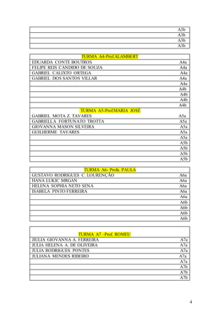 4
A3b
A3b
A3b
A3b
TURMA A4-Prof.ALAMBERT
EDUARDA CONTE BOUTROS A4a
FELIPE REIS CANDIDO DE SOUZA A4a
GABRIEL CALIXTO ORTEGA A4a
GABRIEL DOS SANTOS VILLAR A4a
A4a
A4b
A4b
A4b
A4b
TURMA A5-Prof.MARIA JOSÉ
GABRIEL MOTA Z. TAVARES A5a
GABRIELLA FORTUNATO TROTTA A5a
GIOVANNA MASON SILVEIRA A5a
GUILHERME TAVARES A5a
A5a
A5b
A5b
A5b
A5b
TURMA A6- Profa. PAULA
GUSTAVO RODRIGUES C. LOURENÇÃO A6a
HANA LUKIC MRGAN A6a
HELENA SOPHIA NETO SENA A6a
ISABELA PINTO FERREIRA A6a
A6a
A6b
A6b
A6b
A6b
TURMA A7 –Prof. ROMEU
JIULIA GIOVANNA A. FERREIRA A7a
JULIA HELENA A. DE OLIVEIRA A7a
JULIA RODRIGUES PONTES A7a
JULIANA MENDES RIBEIRO A7a
A7a
A7b
A7b
A7b
 