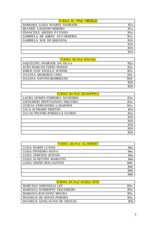 5
TURMA B1- Prof. VIRGÍLIO
BARBARA LUIZA SOARES ANDRADE B1a
BEATRIZ GALINDO RIBEIRO B1a
FRANCIELE AREDES P CUNHA B1a
GABRIELA DE ABREU AS CARDEIRA B1a
GABRIELA M R. DE MIRANDA B1b
B1b
B1b
B1b
TURMA B2-Prof. RAFAEL
JAQUELINE ANDRADE DA SILVA B2a
JOÃO MARCOS FERES MAEDA B2a
JORGE LUIZ VILELLA JUNIOR B2a
JULIANA MEDEIROS LIMA B2a
JULIANA SANTOS RODRIGUES B2b
B2b
B2b
TURMA B3-Prof. GIUSEPPINA
LAURA GOMES FERREIRA M.OSORIO B3a
LEONARDO MONTAGNOLI SIQUEIRA B3a
LETICIA FERNANDES L.MARTINS B3a
LUCA SCHILIRO TRISTÃO B3a
LUCAS TINTORI PORSELLA FLORES B3a
B3b
B3b
B3b
B3b
B3b
TURMA B4-Prof. ALAMBERT
LUISA MARIN CUNHA B4a
LUISA PINHEIRO NEIVA B4a
LUIZA GIMENES ZETONE B4a
LUIZA SCHETTINI MAROTTO B4a
LUIZA SIMÃO DOS SANTOS B4b
B4b
B4b
B4b
TURMA B5-Prof. MARIA JOSÉ
MARCELO SIMONELLI LEE B5a
MARIANA NORBERTO FIGUEIREDO B5a
MARIANA RAVANINI MOURA B5a
MATHEUS DE SOUZA PEREIRA B5a
MATHEUS GONÇALVES DE FREITAS B5b
 