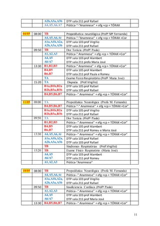 11
A2b,A3a,A3b DTP sala 211 prof Rafael
A4,A5,A6,A7 Prática-"-"Anamnese" + efg +cp + TÓRAX
04/05 08:00 TB Propedêutica neurológica (Profª Mª Fernanda)
A4,A5,A6,At Prática-"-"Anamnese" + efg +cp + TÓRAX +Cor
A1a,A1b,A2a,
A2b,A3a,A3b
DTP sala 103 prof Virgílio
DTP sala 211 prof Rafael
09:50 TB Dor Torácia (Profª Paula)
A1,A2,A3 Prática-" Anamnese" + efg +cp + TÓRAX +Cor”
A4,A5
A6/A7
DTP sala 103 prof Alambert
DTP sala 211 profa Maria José
13:30 B1,B2,B3 Prática-“ Anamnese" + efg +cp + TÓRAX +Cor”
B4,B5
B6,B7
DTP sala 105 prof Alambert
DTP sala 211 prof Paula e Romeu
TA Exame Físico Respiratório (Profª Maria José)
15:20 TA Dispnéia (Prof.Virgílio)
B1a,B1b,B2a
B2b,B3a,B3b
DTP sala 105 prof Rafael
DTP sala 105 prof Rafael
B4,B5,B6,B7 Prática--" Anamnese" + efg +cp + TÓRAX +Cor”
11/05 08:00 TA Propedêutica Neurológica (Profa M. Fernanda)
B4,B5,B6,B7 Prática-"-" Anamnese" + efg +cp + TÓRAX +Cor”
B1a,B1b,B2a
B2b,B3a,B3b
DTP sala 105 prof Virgílio
DTP sala 211 prof Rafael
09:50 TA Dor Torácia (Profª Paula)
B1,B2,B3 Prática--" Anamnese" + efg +cp + TÓRAX +Cor”
B4,B5
B6,B7
DTP sala 105 prof Alambert
DTP sala 211 prof Romeu e Maria José
13:30 A4,A5,A6,At Prática--" Anamnese" + efg +cp + TÓRAX +Cor”
A1a,A1b,A2a,
A2b,A3a,A3b
DTP sala 103 prof Rafael
DTP sala 103 prof Rafael
TB Síndromes Respiratórias (Prof.Virgílio)
15:20 TB Exame Físico Respiratório (Maria José)
A4,A5
A6/A7
DTP sala 103 prof Alambert
DTP sala 211 prof Romeu
A1,A2,A3 Prática-"Anamnese"
18/05 08:00 TB Propedêutica Neurológica (Profa M. Fernanda)
A4,A5,A6,At Prática--" Anamnese" + efg +cp + TÓRAX +Cor”
A1a,A1b,A2a,
A2b,A3a,A3b
DTP sala 103 prof Virgílio
DTP sala 211 prof Rafael
09:50 TB Insuficiencia Cardíaca (Profª Paula)
A1,A2,A3 Prática--" Anamnese" + efg +cp + TÓRAX +Cor”
A4,A5
A6/A7
DTP sala 103 prof Alambert
DTP sala 211 prof Maria José
13:30 B4,B5,B6,B7 Prática--" Anamnese" + efg +cp + TÓRAX +Cor”
 