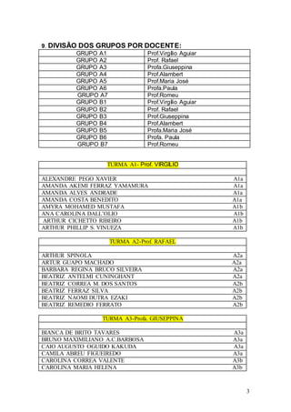 3
9. DIVISÃO DOS GRUPOS POR DOCENTE:
GRUPO A1 Prof.Virgílio Aguiar
GRUPO A2 Prof. Rafael
GRUPO A3 Profa.Giuseppina
GRUPO A4 Prof.Alambert
GRUPO A5 Prof.Maria José
GRUPO A6 Profa.Paula
GRUPO A7 Prof.Romeu
GRUPO B1 Prof.Virgílio Aguiar
GRUPO B2 Prof. Rafael
GRUPO B3 Prof.Giuseppina
GRUPO B4 Prof.Alambert
GRUPO B5 Profa.Maria José
GRUPO B6 Profa. Paula
GRUPO B7 Prof.Romeu
TURMA A1- Prof. VIRGÍLIO
ALEXANDRE PEGO XAVIER A1a
AMANDA AKEMI FERRAZ YAMAMURA A1a
AMANDA ALVES ANDRADE A1a
AMANDA COSTA BENEDITO A1a
AMYRA MOHAMED MUSTAFA A1b
ANA CAROLINA DALL’OLIO A1b
ARTHUR CICHETTO RIBEIRO A1b
ARTHUR PHILLIP S. VINUEZA A1b
TURMA A2-Prof. RAFAEL
ARTHUR SPINOLA A2a
ARTUR GUAPO MACHADO A2a
BARBARA REGINA BRUCO SILVEIRA A2a
BEATRIZ ANTELMI CUNINGHANT A2a
BEATRIZ CORREA M. DOS SANTOS A2b
BEATRIZ FERRAZ SILVA A2b
BEATRIZ NAOMI DUTRA EZAKI A2b
BEATRIZ REMEDIO FERRATO A2b
TURMA A3-Profa. GIUSEPPINA
BIANCA DE BRITO TAVARES A3a
BRUNO MAXIMILIANO A.C.BARBOSA A3a
CAIO AUGUSTO OGUIDO KAKUDA A3a
CAMILA ABREU FIGUEIREDO A3a
CAROLINA CORREA VALENTE A3b
CAROLINA MARIA HELENA A3b
 