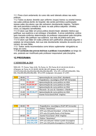 7
11.1 Para o bom andamento do curso não será tolerado atraso nas aulas
práticas.
11.2 Todos os alunos deverão usar uniforme (roupa) branco ou avental branco
nas aulas práticas dentro do hospital; não sendo permitida a participação
nessas aulas dos alunos que não estiverem devidamente trajados. Também
não será permitida a entrada do aluno na aula prática calçando: chinelos,
crocs, ou calçados semelhantes.
11.3 O aluno que faltar em prova prática deverá trazer atestado médico que
justifique sua ausência a ser entregue à faculdade. A prova substitutiva prática
será marcada conforme determinação do professor responsável pela disciplina.
Caso o aluno não justifique sua ausência, sua nota de prática será zero.
11.4 O aluno que faltar em aulas práticas sem justificativa adequada segundo o
estatuto da Universidade, terá sua nota devidamente reduzida de acordo com o
número de suas faltas.
11.5 Textos serão recomendados como leitura suplementar obrigatória ao
longo do curso.
11.6 O conteúdo das provas teóricas e práticas é acumulativo ao longo do
ano, podendo ser modificado pelo professor responsável pela disciplina.
12.PROGRAMA
1º SEMESTRE de 2019
SIGLAS: TT (Turma Toda A+B), TA (Turma A), TB (Turma B) A1,A2,A3,A4,A5,A6 e
A7(grupos da Turma A), B1,B2,B3 ,B4,B5, B6 e B7 (grupos da turma B),
A1a,A1b,A2a,A2b,A3a,A3b,A4a,A4b,A5a,A5b,A6a,A6b, A7a, A7b e B1a,B1b,B2a,B2b, B3a,
B3b, B4a,B4b,B5a,B5b,B6a,B6b, B7a e B7b (subgrupos dos grupos A1 a B7)
10/02 08:00 TT Apresentação do curso (Prof. Alambert)
09:50 TA Propedéutica neurológica (Profª Mª Fernanda)
B1,B2,B3 Apresentação do curso prático no HGA
10:30 B4,B5,B6,B7 Apresentação do curso prático no HGA
13:30 A1,A2,A3 Apresentação do curso prático no HGA
TB Discussão de caso de Anamnese (Alambert)
15:20 A4,A5,A6,A7 Apresentação do curso prático no HGA
15:20 TB Exame Físico Geral (Prof. Virgílio)
17/02 08:00 TB Propedéutica neurológica (Profª Mª Fernanda)
A1,A2,A3 Prática “Anamnese"
A4,A5
A6,A7
DTP sala 103 prof.Alambert e Profa M.José
DTP sala 211 profa.Paula e Prof.Romeu
09:50 TB Exame Físico Geral (Prof. Virgílio)
A4,A5,A6,A7 Prática “Anamnese"
A1a,A1b,A2a,
A2b,A3a,A3b
DTP sala 103 prof. Rafael e profa Giuseppina
DTP sala 103 profa.Giuseppina e Prof.Rafael
 